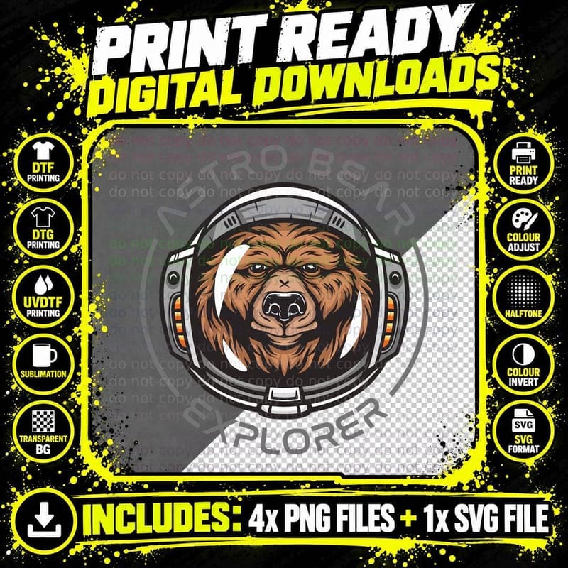 Bear Astronaut Brown Space Helmet T-Shirt Png SVG Digital Bundle