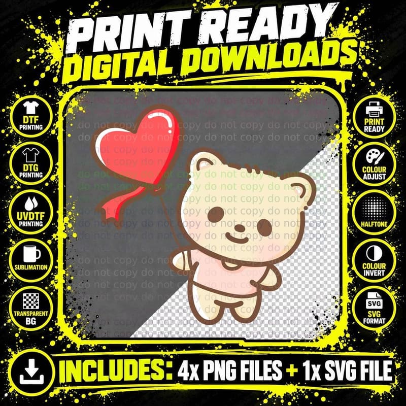 Bear Balloon with Heart Floating Romance T-Shirt Png SVG Digital Bundle