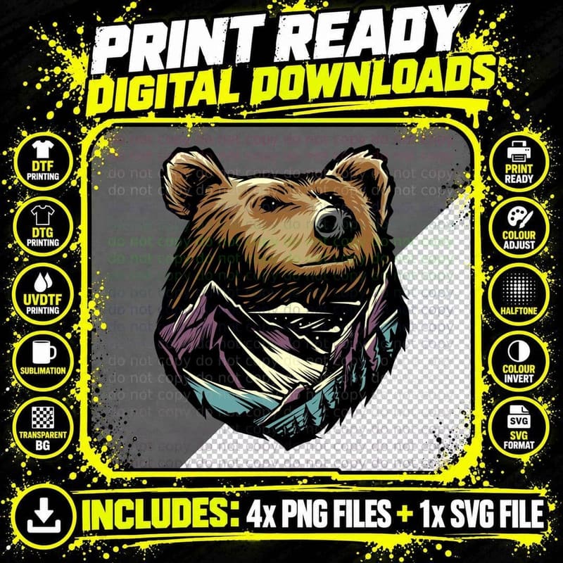 Bear Head Bandana Animal Colorful Boho Retro T-Shirt Png SVG Digital Bundle