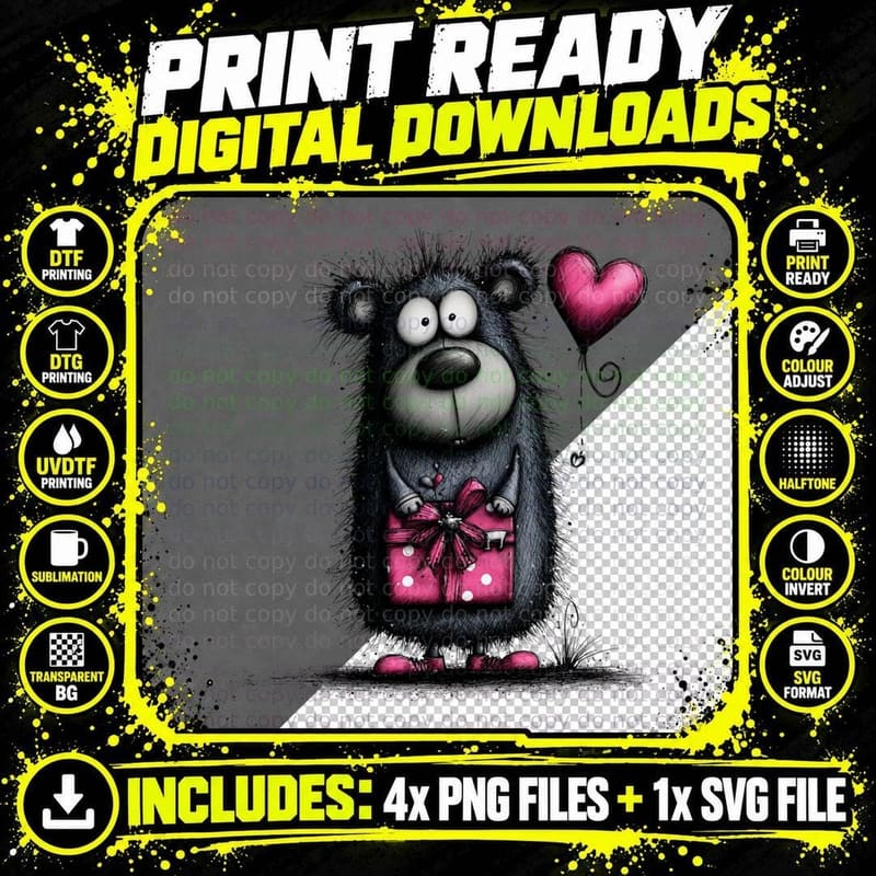Bear Heart Dark Fuzzy Pink Gift Cute T-Shirt Png SVG Digital Bundle