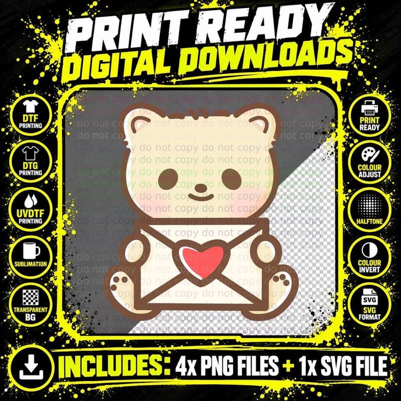 Bear Letter Holding Heart Envelope Mail Love T-Shirt Png SVG Digital Bundle