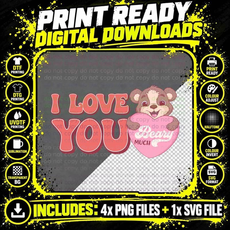Bear Love I You Beany Much Holding Heart Cute Animal Png SVG Digital Bundle