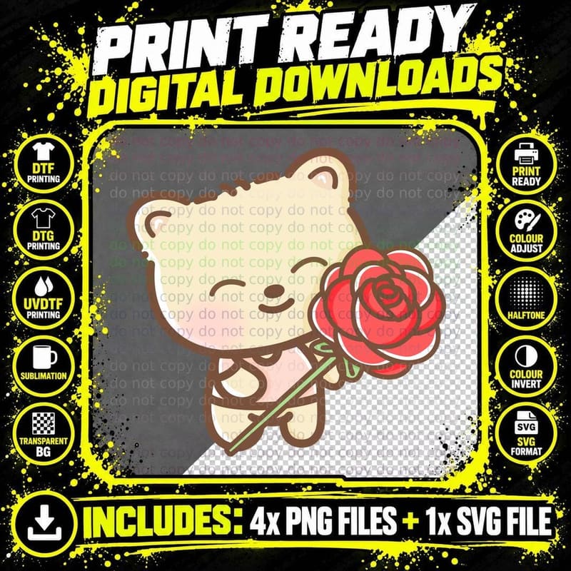 Bear Rose with Single Romantic Cute T-Shirt Png SVG Digital Bundle