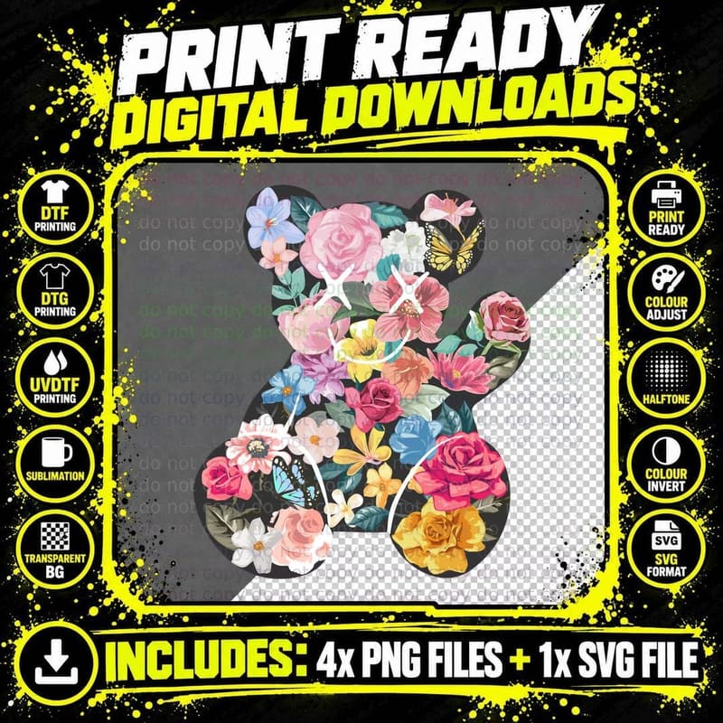 Bear Silhouette with Flowers Botanical T-Shirt Png SVG Digital Bundle