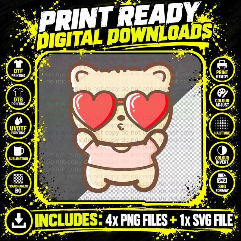 Bear Sunglasses Heart-Shaped Cool Pop Art T-Shirt Png SVG Digital Bundle