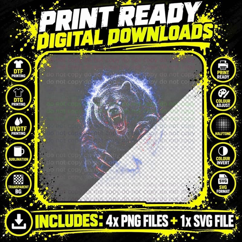 Bear T-Shirt, Halftone Lightning Storm Bear Graphic Tee Png SVG Digital Bundle