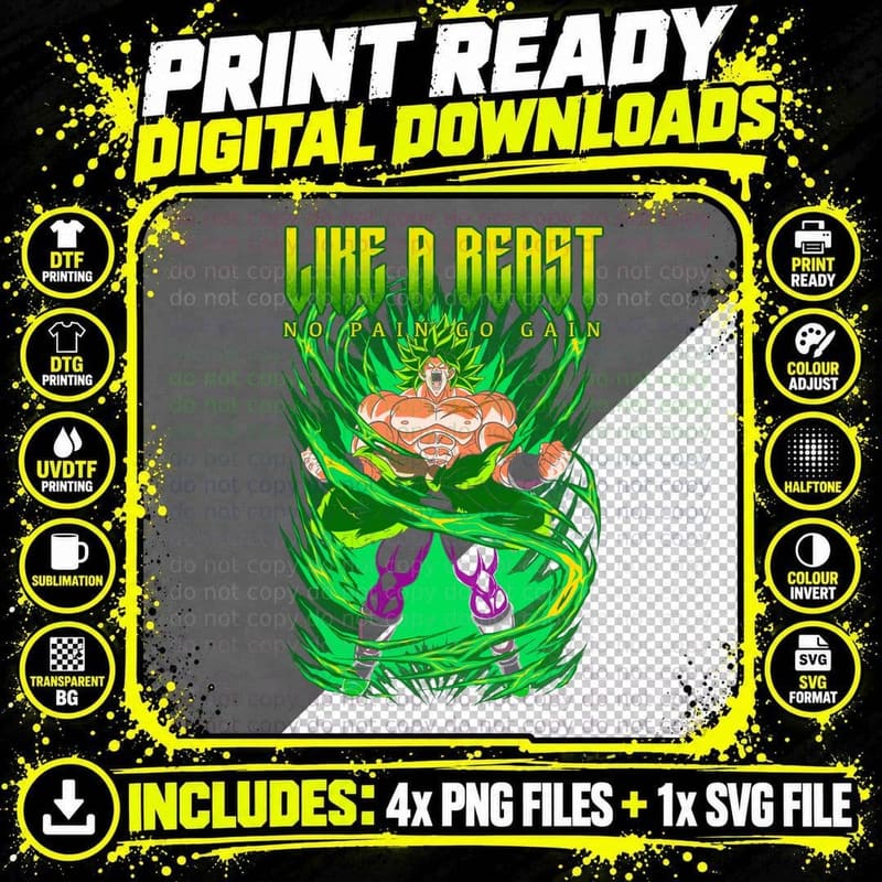 Beast No Pain Gain Green Halftone Muscular Character Png SVG Digital Bundle