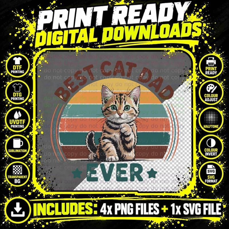 Best Cat Dad Ever Cat T-Shirt, Adorable Cat Sitting Png SVG Digital Bundle
