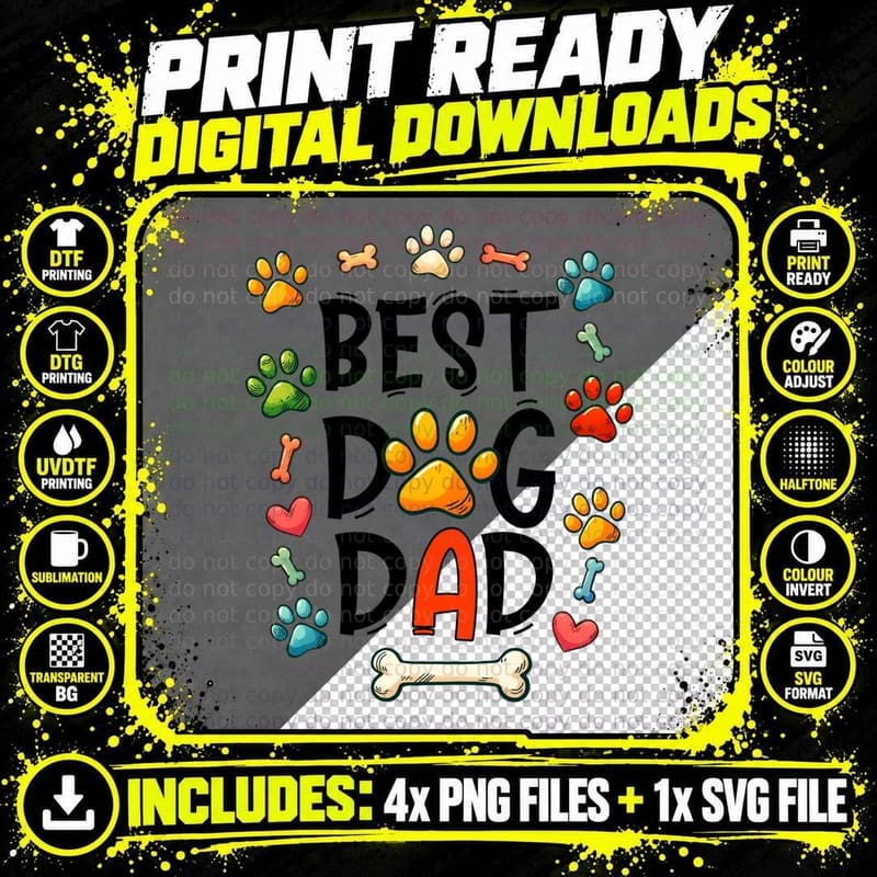 Best Dog Dad Fathers Day T-Shirt, Colorful Paw Prints Png SVG Digital Bundle