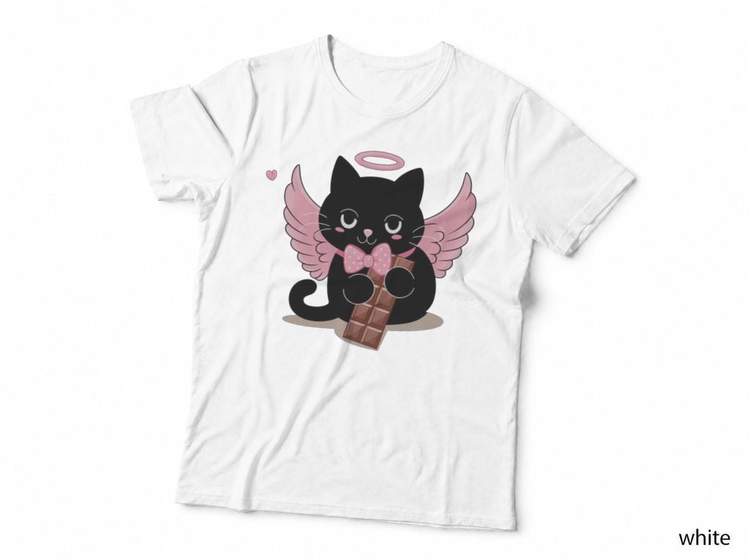 Black Angel Cat with Pink Wings Bow Chocolate T-Shirt