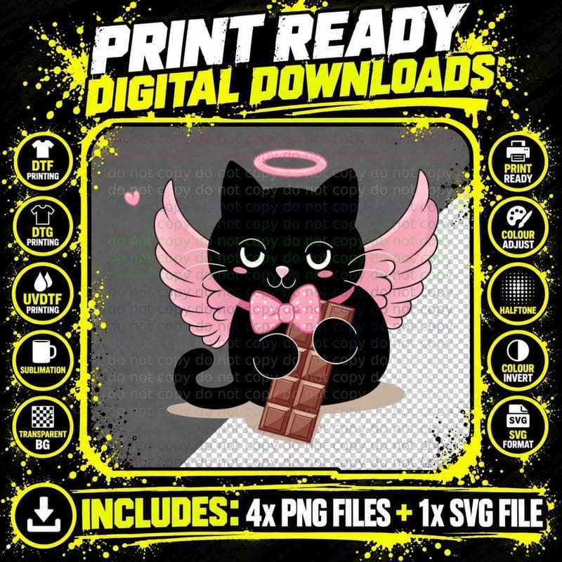 Black Angel Cat with Pink Wings Bow Chocolate T-Shirt Png SVG Digital Bundle