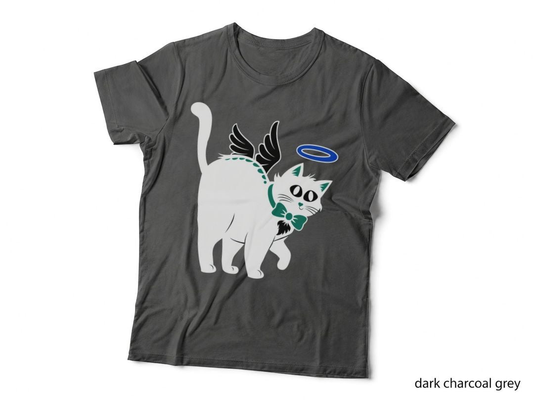 Black Angel Cat with White Wings Halo Pink Bow T-Shirt
