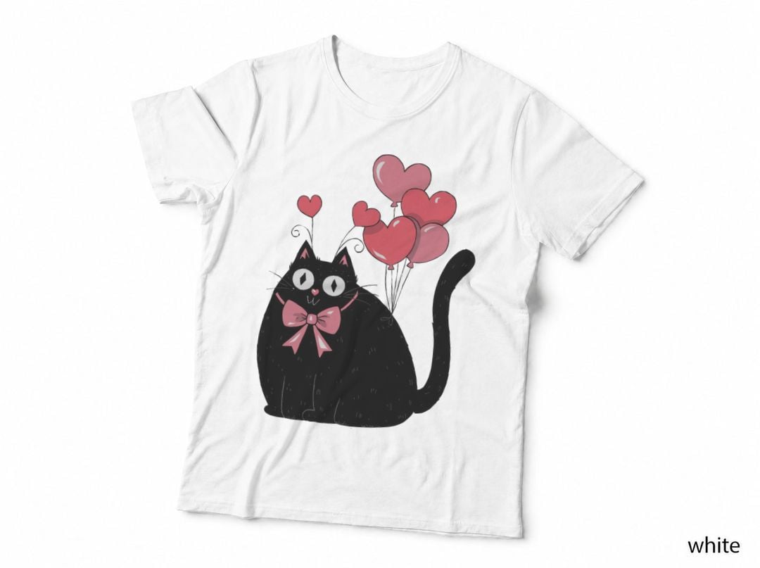 Black Cat Balloons with Pink Bow and Heart Silhouette T-Shirt