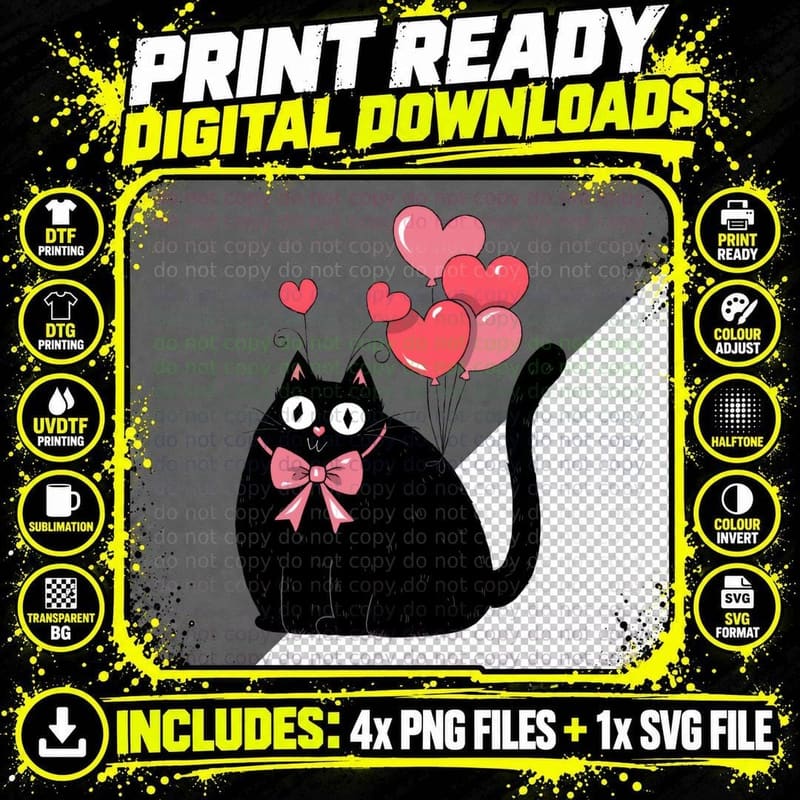Black Cat Balloons with Pink Bow and Heart Silhouette Png SVG Digital Bundle