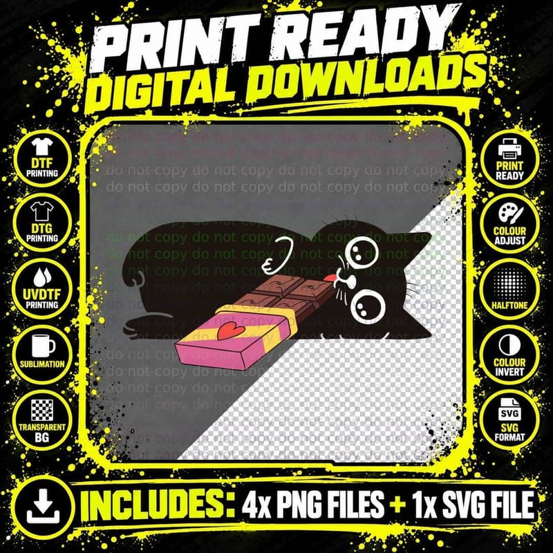 Black Cat Chocolate with Box Lying Down Cute T-Shirt Png SVG Digital Bundle