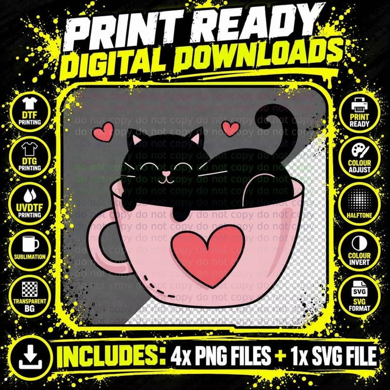 Black Cat Coffee Cup Kitten in Pink Heart Mug Cozy Cute Png SVG Digital Bundle