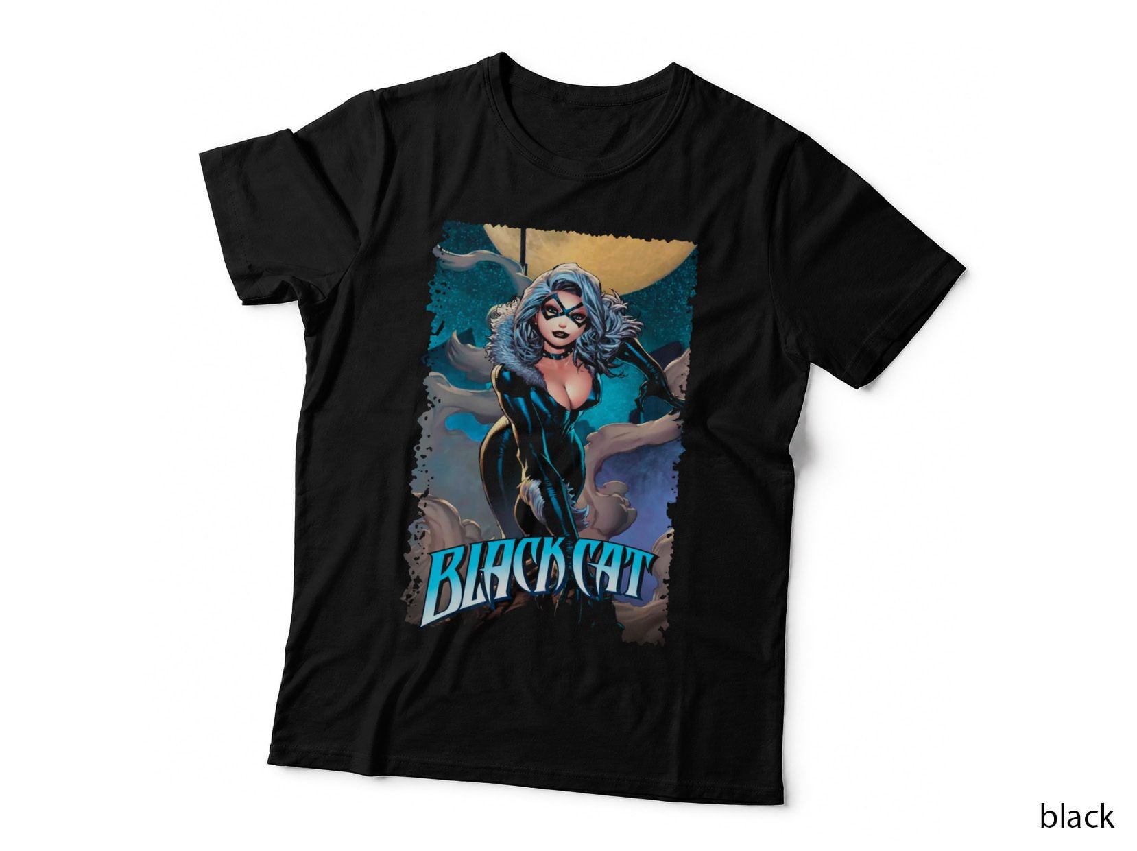 Black Cat Halftone Cyan Blue Female Hero Feline T-Shirt