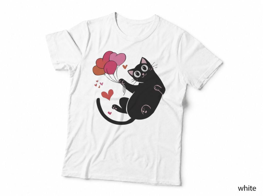 Black Cat Heart Balloons Holding Pink Playful T-Shirt