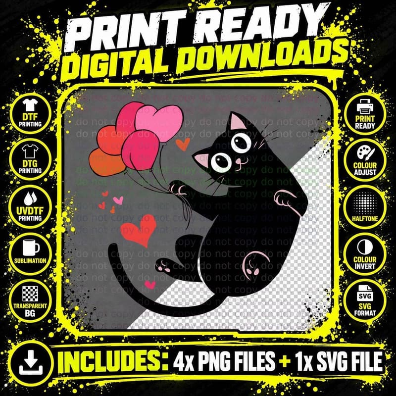 Black Cat Heart Balloons Holding Pink Playful T-Shirt Png SVG Digital Bundle