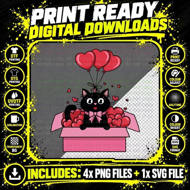 Black Cat Heart Box in Pink Gift with Balloon T-Shirt Png SVG Digital Bundle