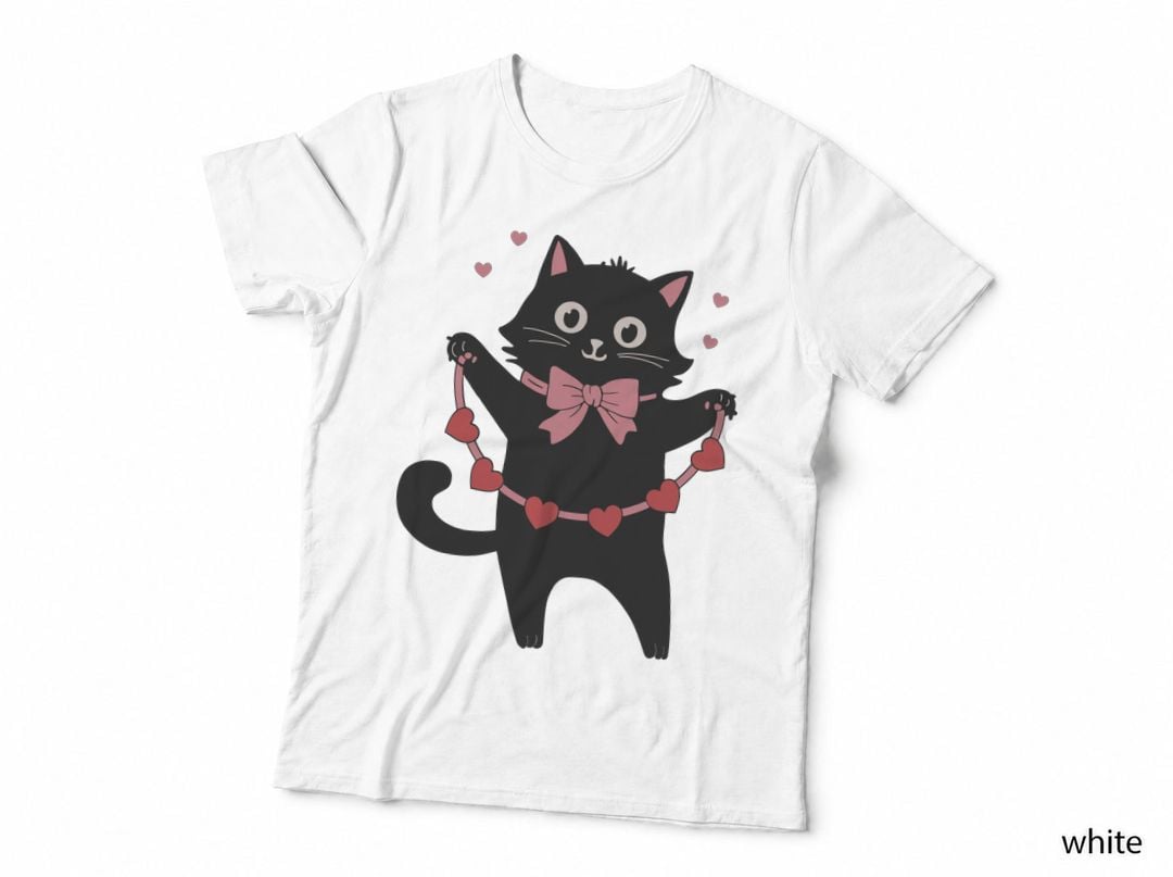 Black Cat Heart Garland Holding Necklace Pink Bow T-Shirt