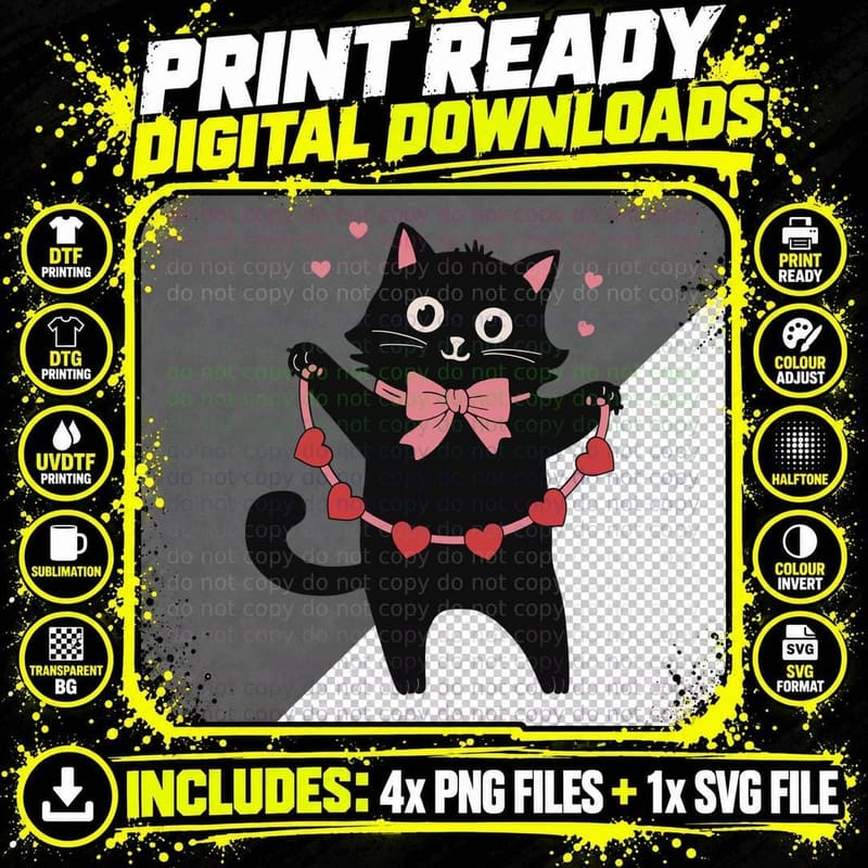 Black Cat Heart Garland Holding Necklace Pink Bow T-Shirt Png SVG Digital Bundle