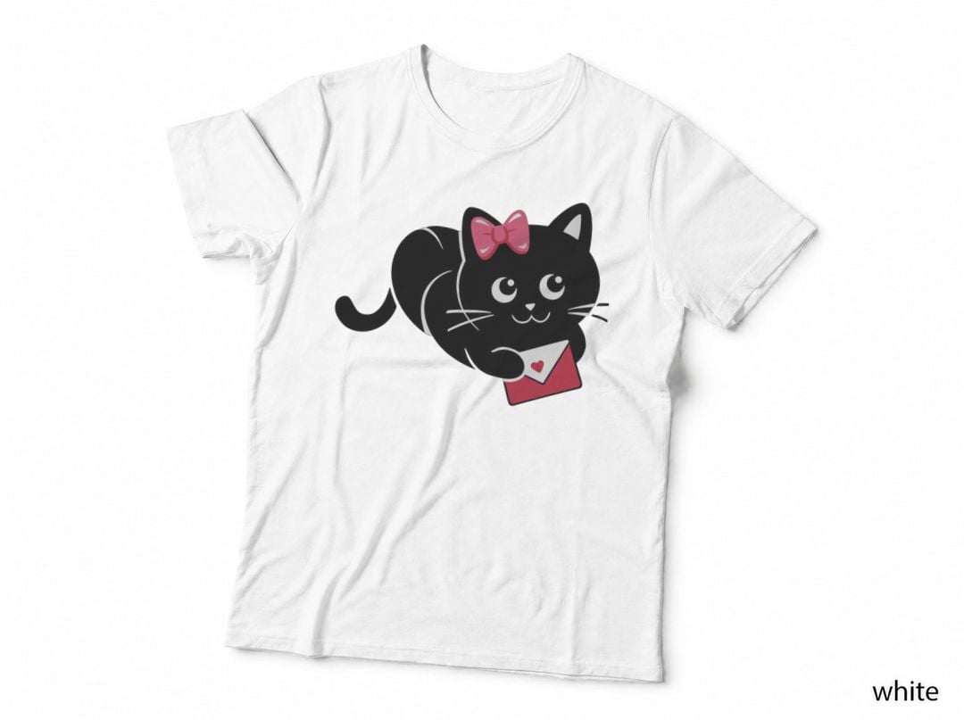 Black Cat Letter Pink Bow Holding Love Envelope T-Shirt