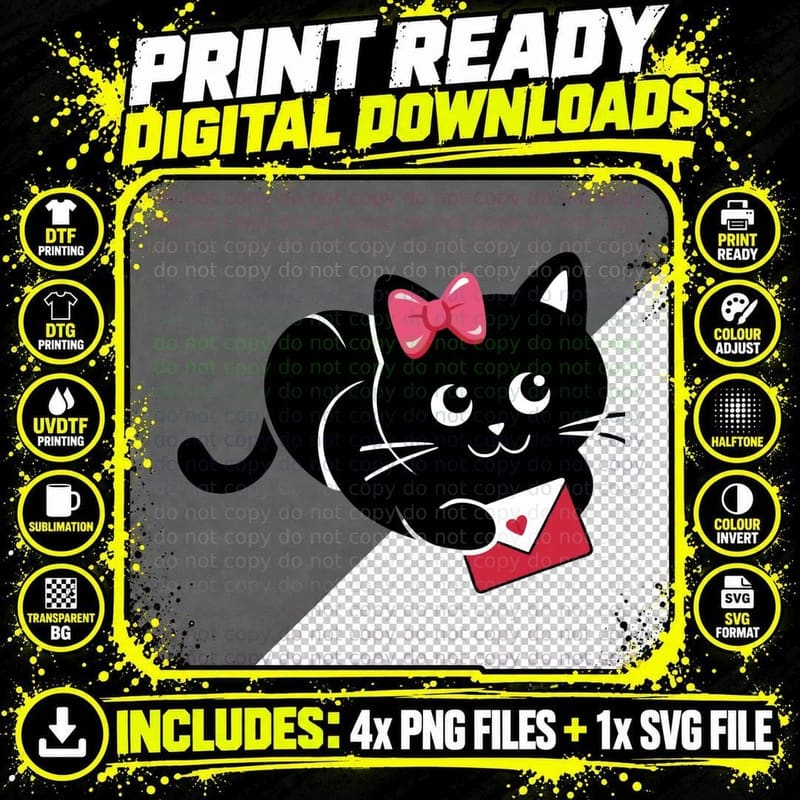 Black Cat Letter Pink Bow Holding Love Envelope T-Shirt Png SVG Digital Bundle