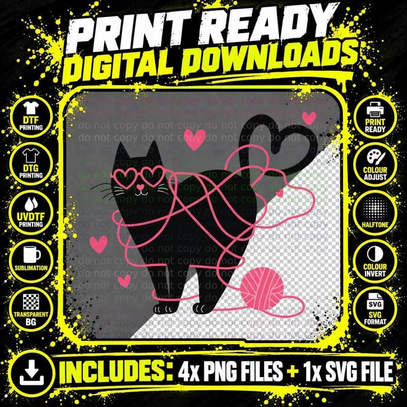 Black Cat Pink String Playing with Heart Yarn T-Shirt Png SVG Digital Bundle