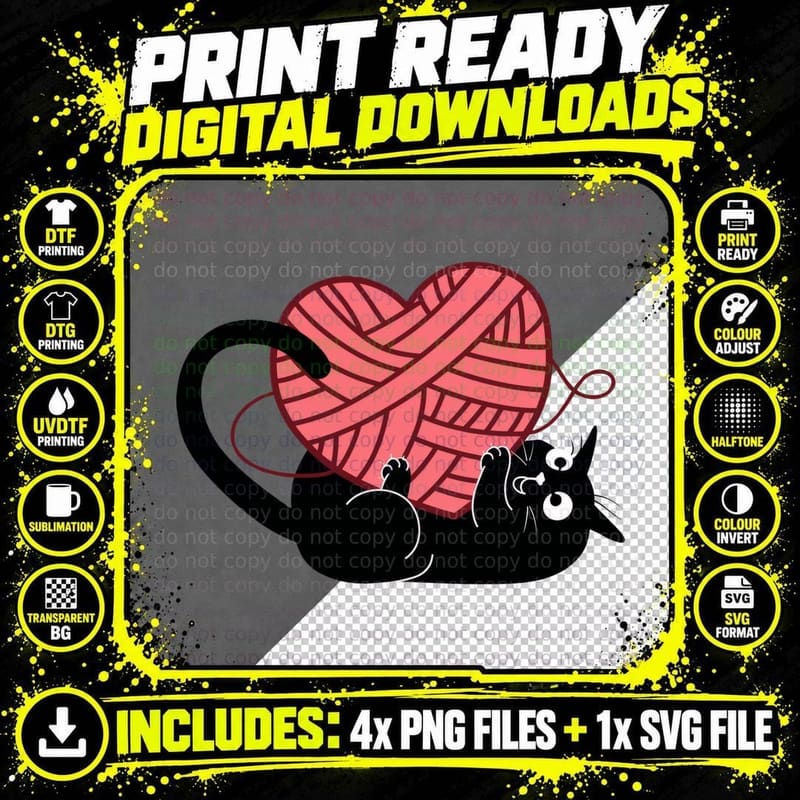 Black Cat Pink Yarn Tangled in Ball Playful T-Shirt Png SVG Digital Bundle