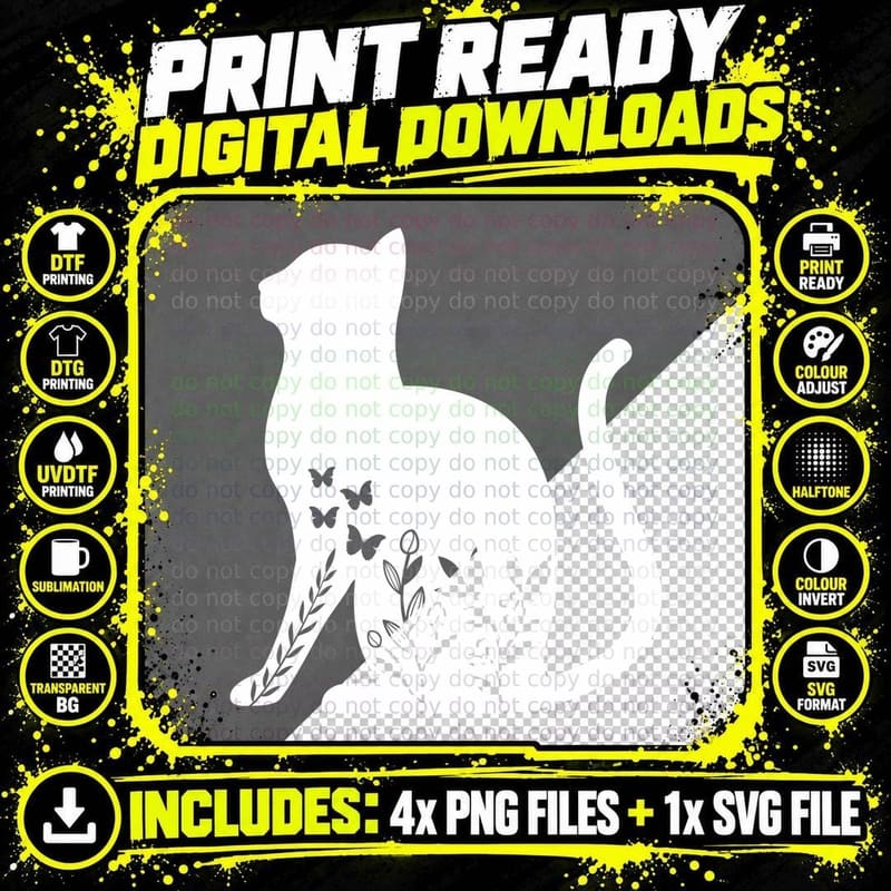 Black Cat Silhouette with Butterflies and Foliage Floral Png SVG Digital Bundle