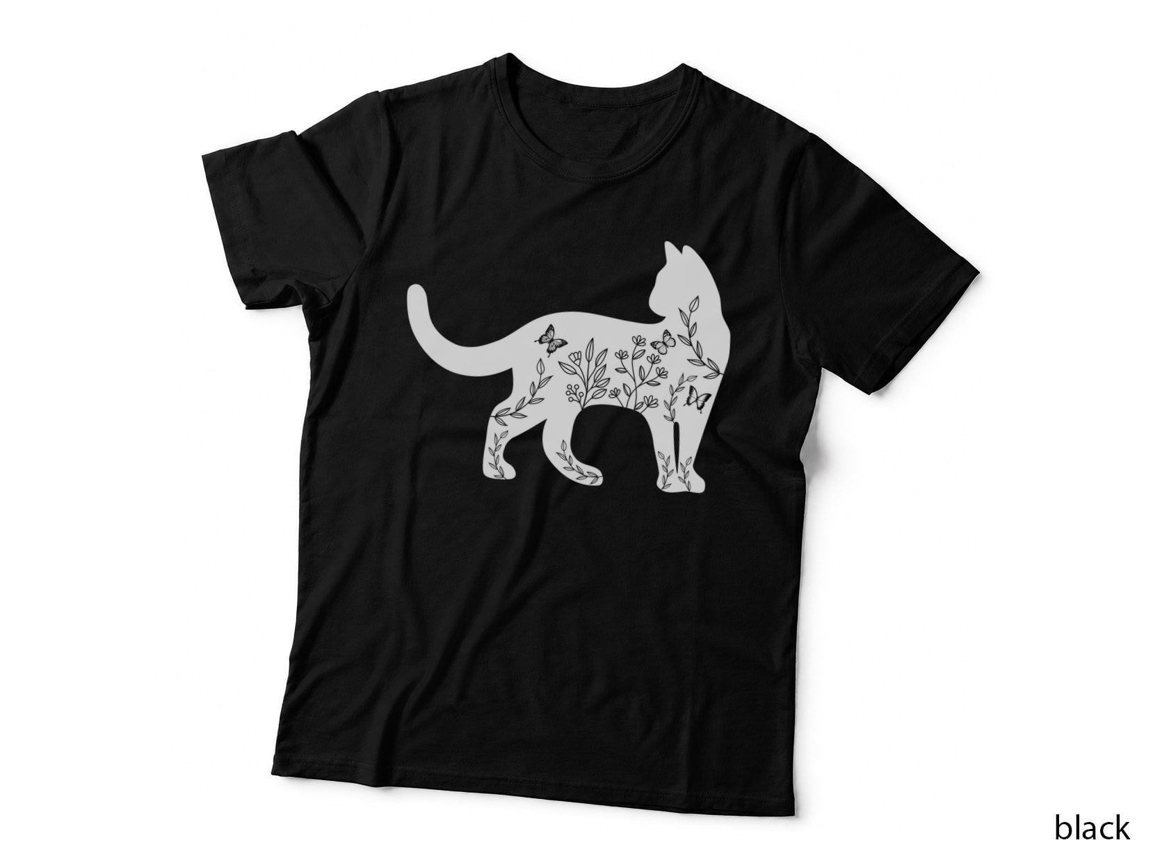 Black Cat Silhouette with Floral Butterflies Floral Cat T-Shirt