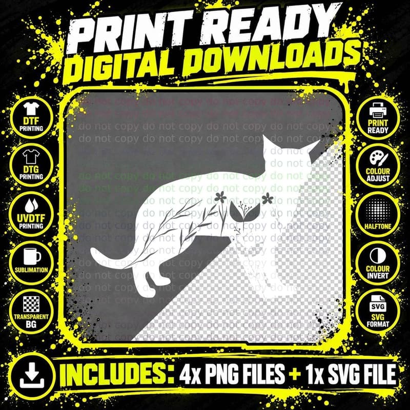 Black Cat Silhouette with Floral Details Floral Cat Art Png SVG Digital Bundle