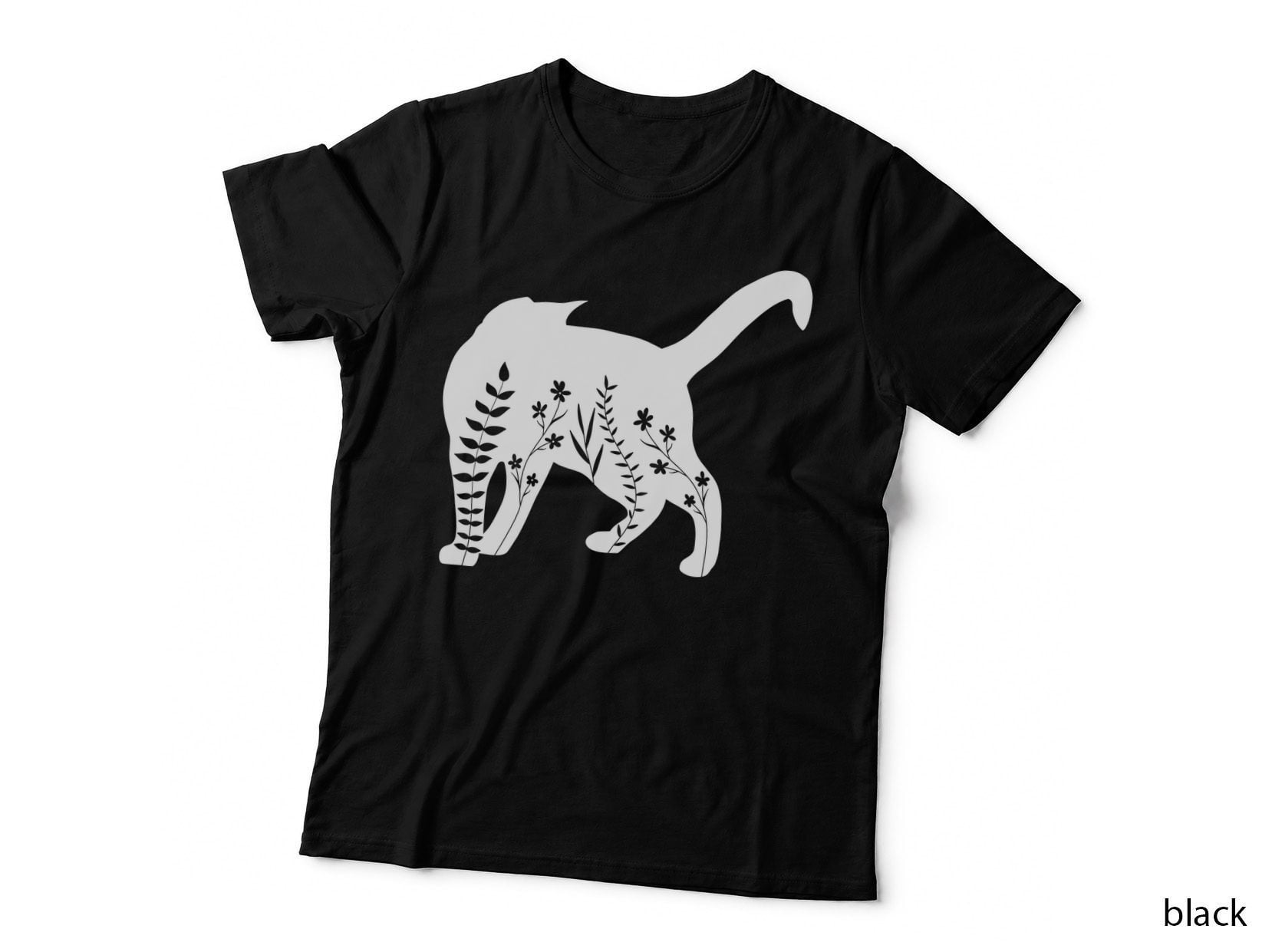 Black Cat Silhouette with Floral Pattern Floral Cat T-Shirt