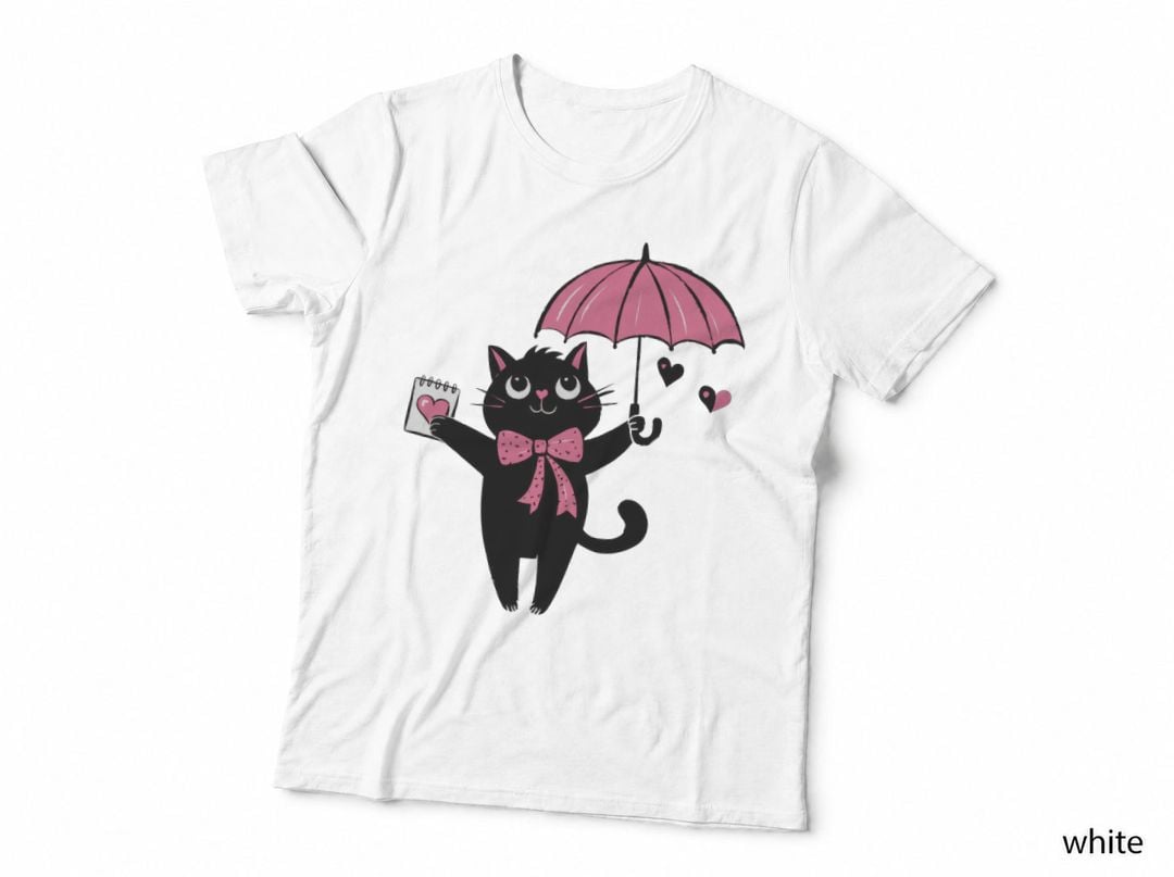 Black Cat Umbrella with Pink Bow Holding Heart Card T-Shirt