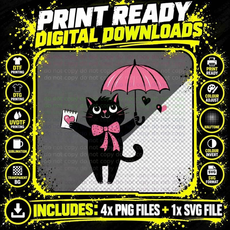 Black Cat Umbrella with Pink Bow Holding Heart Card Png SVG Digital Bundle