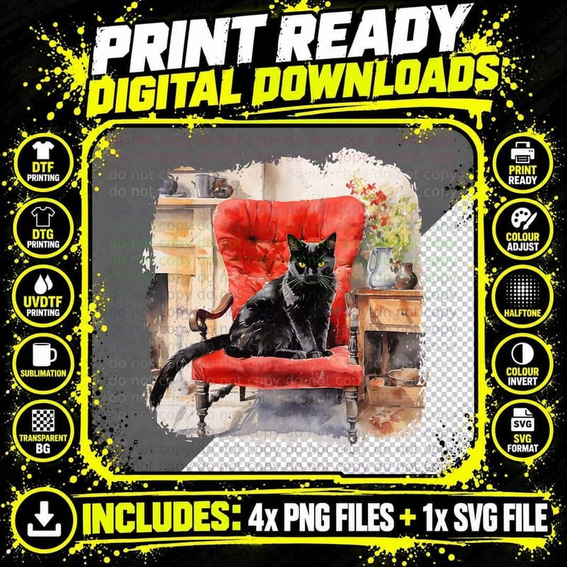 Black Cat on Red Chair Cat T-Shirt, Cat Graphic Tee Png SVG Digital Bundle