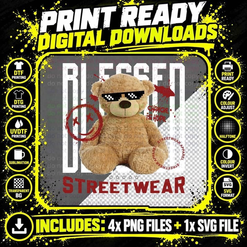 Blessed Streetwear Authentic Apparel Tan Bear with Png SVG Digital Bundle