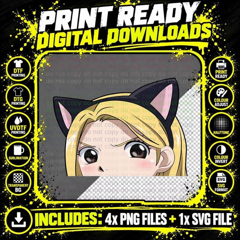 Blonde Cat Girl Hair Black Ears Pink Cheeks T-Shirt Png SVG Digital Bundle