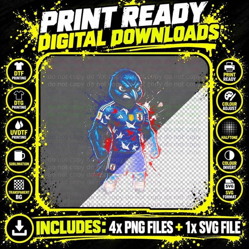 Blue Bird Mascot Head Footballer Origami Crane Pattern Png SVG Digital Bundle
