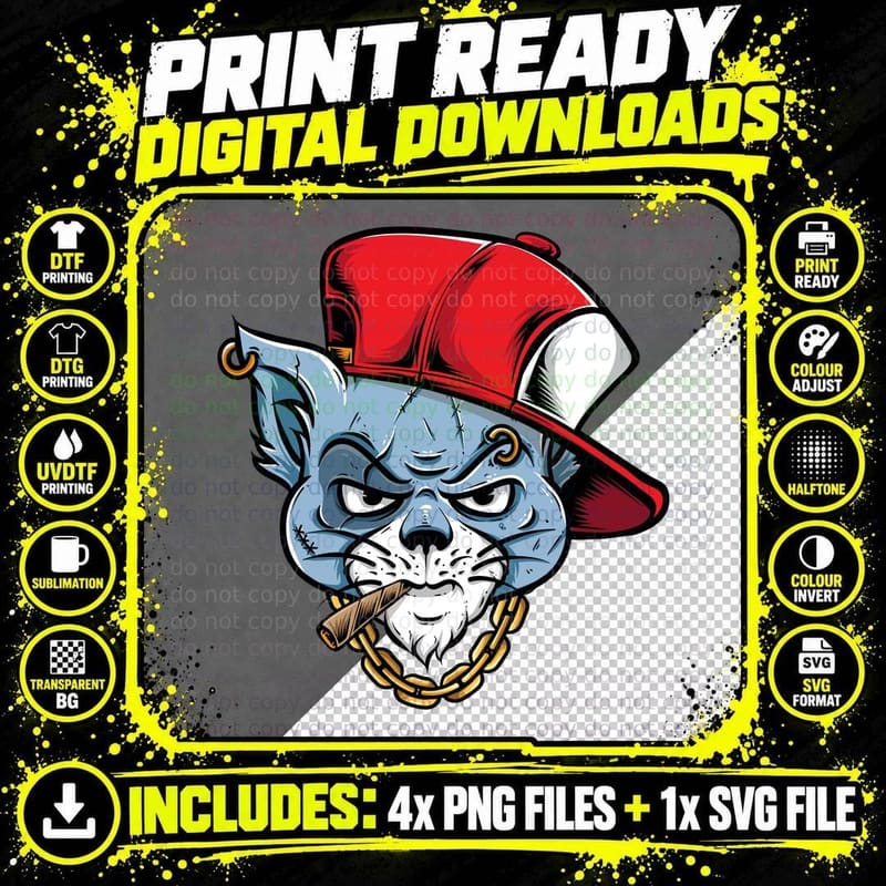 Blue Cat Cartoon Red Cap Streetwear T-Shirt Png SVG Digital Bundle