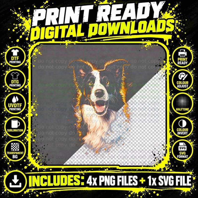 Border Collie T-Shirt, Halftone Fire Lightning Collie Png SVG Digital Bundle
