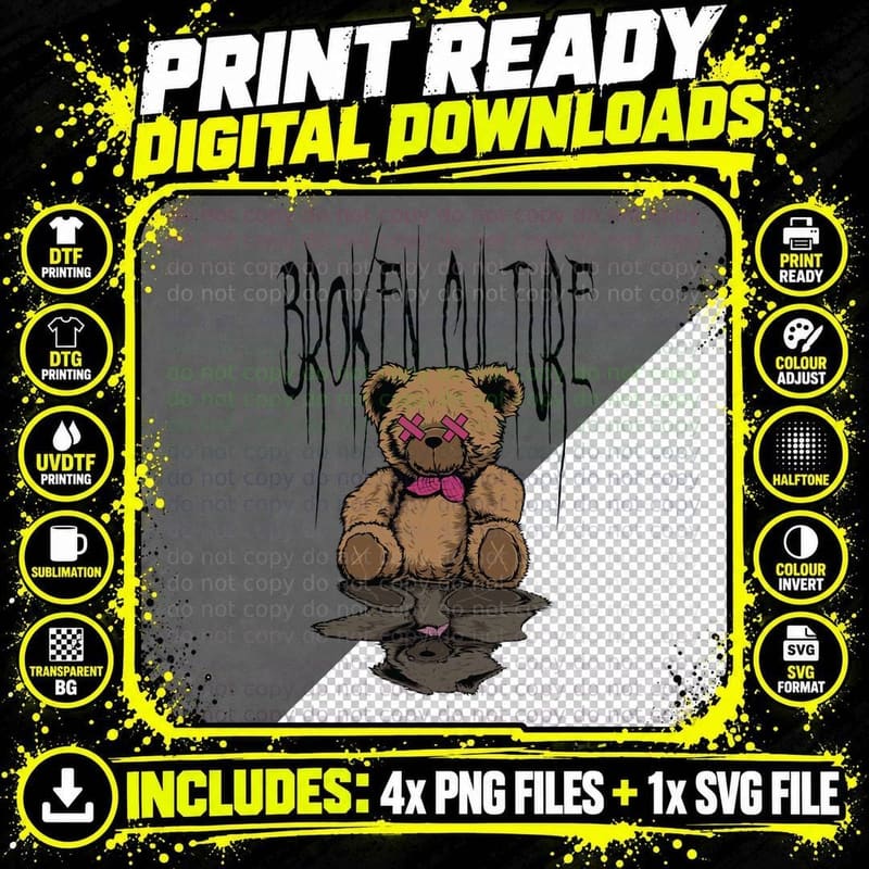 Broken or Young Blood Black Teddy Bear Sad Distressed Png SVG Digital Bundle