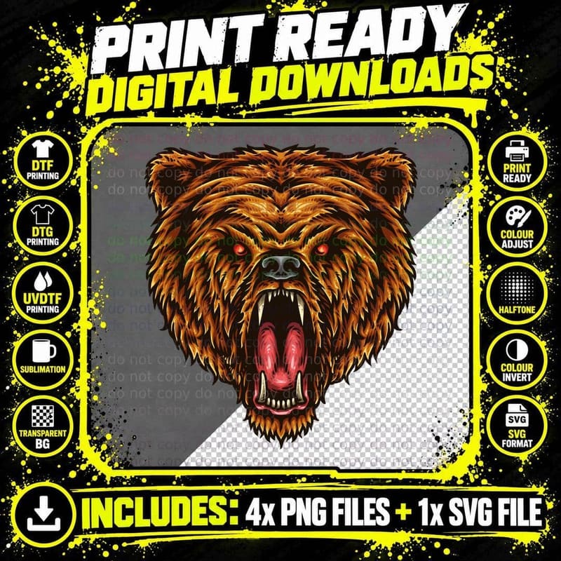 Brown Bear Face Golden Angry Fierce T-Shirt Png SVG Digital Bundle