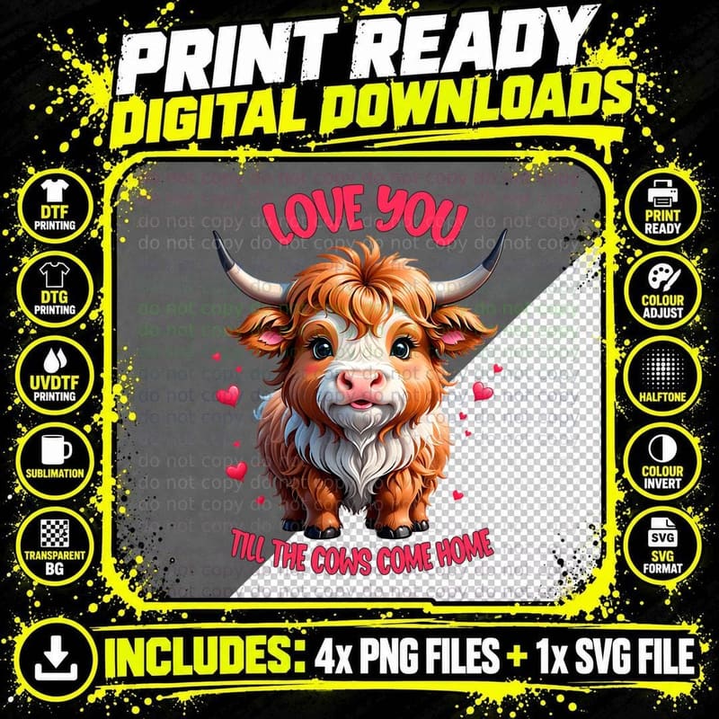 Bull Cows Love You Till the Come Home Highland Cow Heart Png SVG Digital Bundle