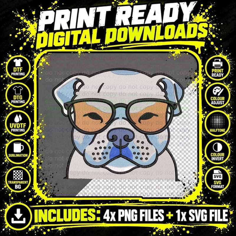 Bulldog Glasses White and Orange Wearing T-Shirt Png SVG Digital Bundle