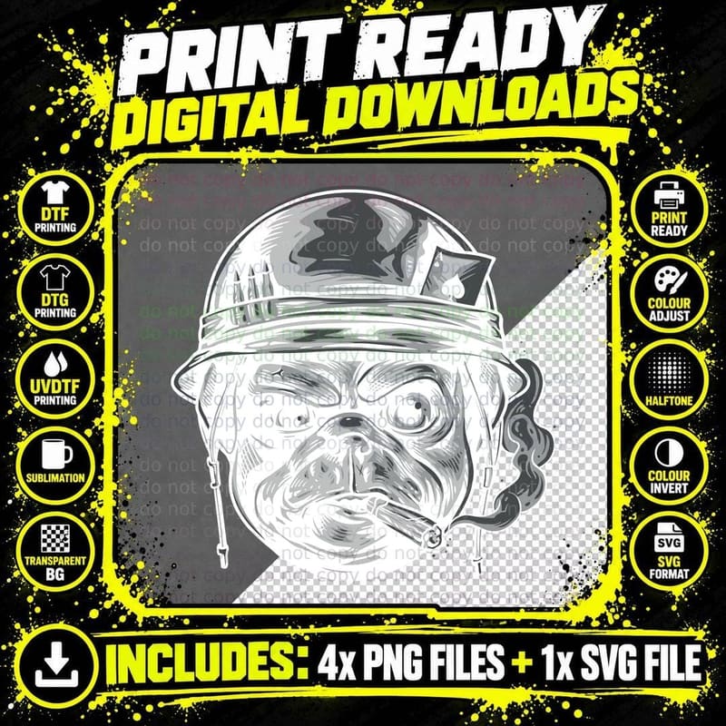 Bulldog Soldier Dog Military Helmet Monochrome Black Png SVG Digital Bundle