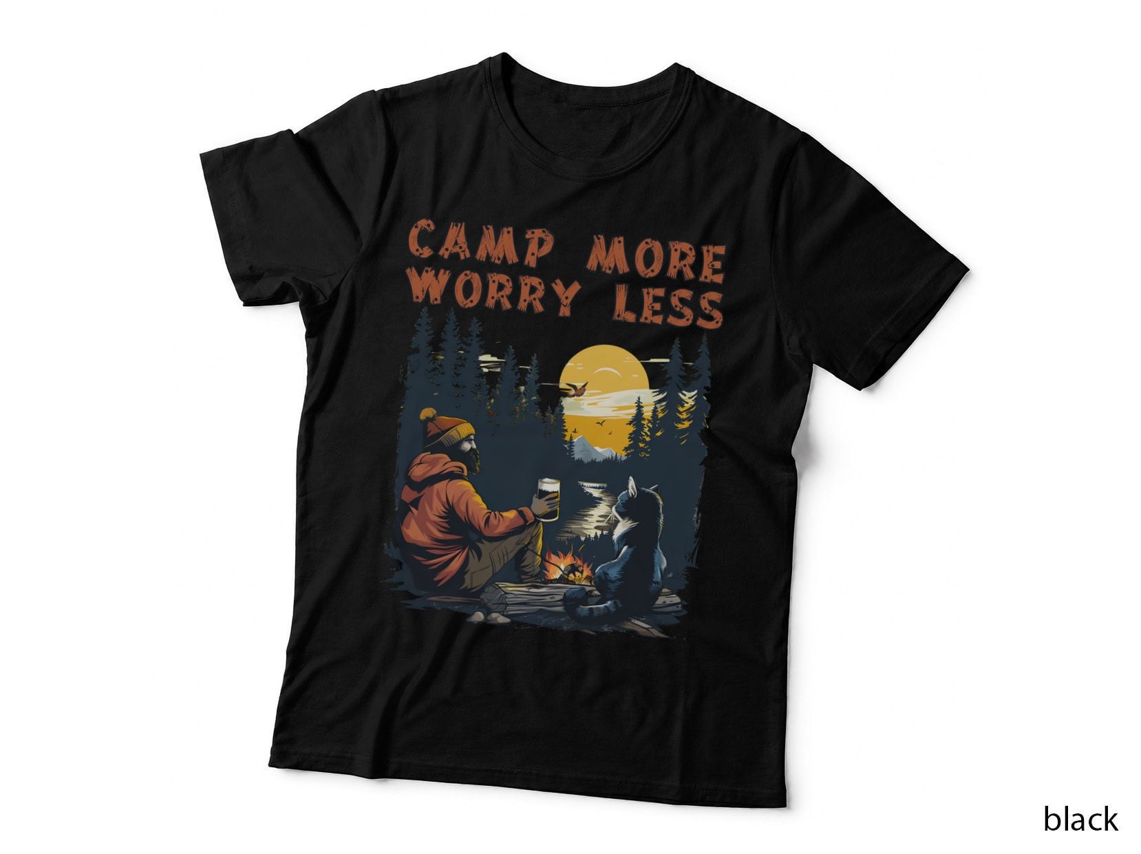 Camp More Worry Less Cat T-Shirt, Man & Bear by Campfire at Sunset Graphic Tee