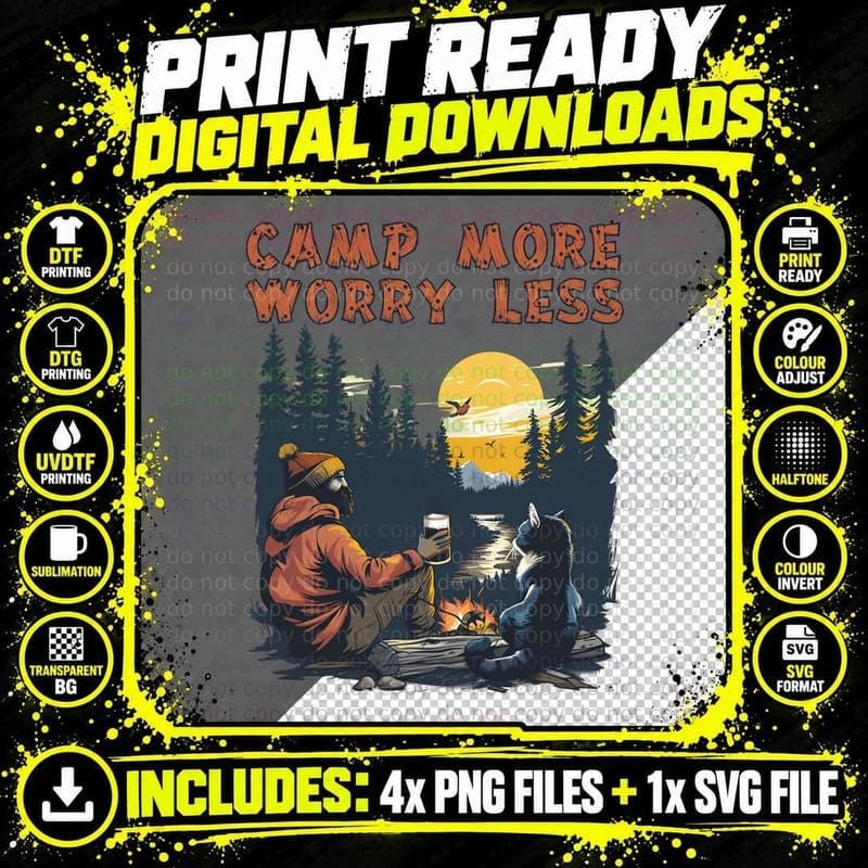 Camp More Worry Less Cat T-Shirt, Man & Bear by Campfire Png SVG Digital Bundle
