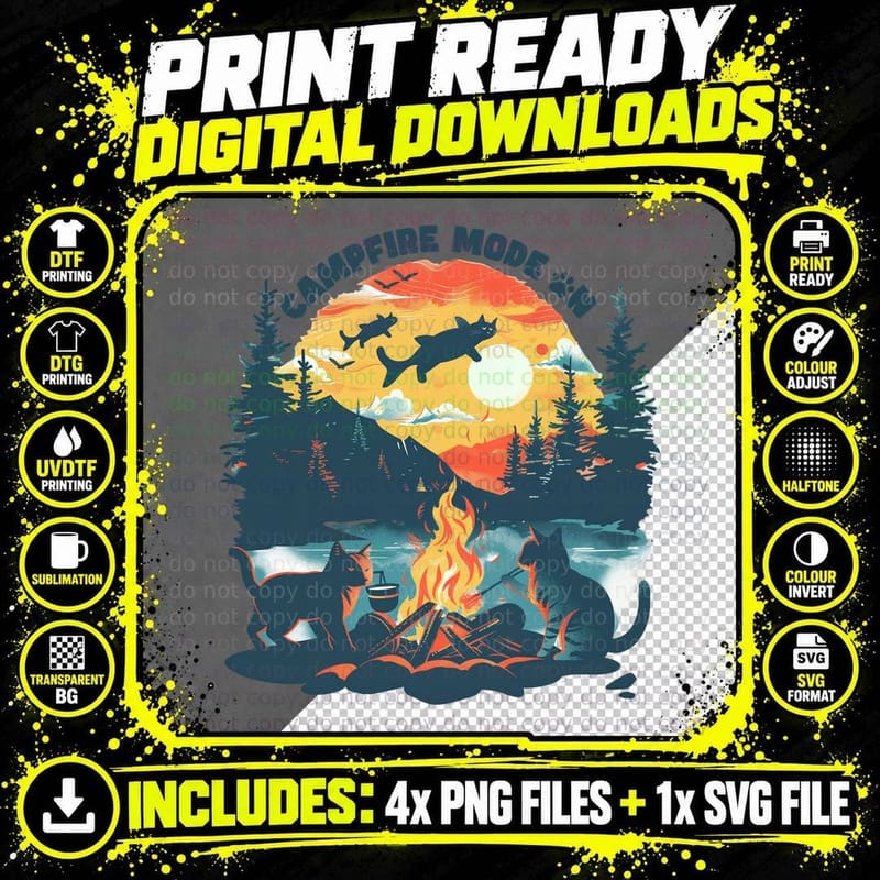 Campfire Mode on Cat T-Shirt, Cats by Campfire at Sunset Png SVG Digital Bundle